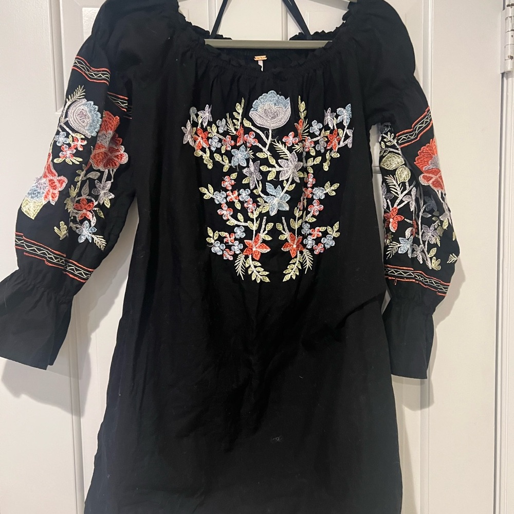 Free People Black Embroidered Floral Peasant Dress